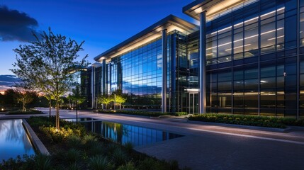 Obraz premium Modern office building at dusk with glass facade and landscaped surroundings.