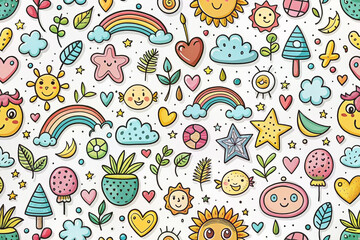 Seamless pattern with cute hand-drawn doodles rainbows, suns, stars, hearts, clouds, and more. Ideal for kids' products, textiles, and backgrounds.
