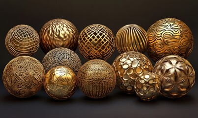 An ornate collection of golden spheres, each intricately designed, symbolizing unity and complexity .