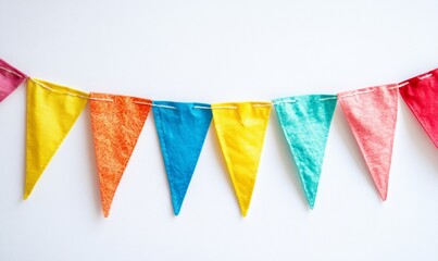 Obraz premium Birthday, anniversary, celebrating event, festival greeting card background with colorful party flags on white
