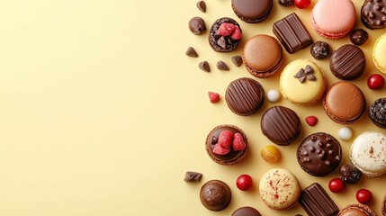 Assorted Chocolate Macarons and Candies Arranged on Yellow