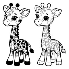 Obraz premium Cute baby giraffe with large eyes surrounded by flowers in black and white, generative ai.