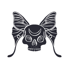 Hand drawn black silhouette of human skull with luna moth wings isolated on white background. Monochrome Bohemian skeleton head with butterfly design