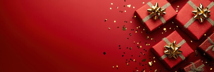 Red background with Christmas gifts and golden confetti on the right side, top view banner with copy space for text Generative AI