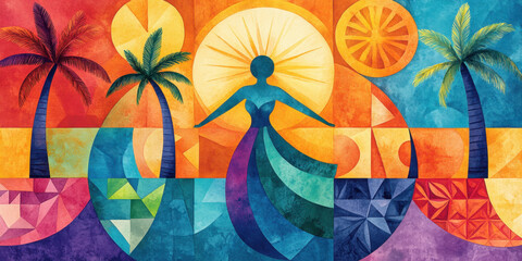 Hawaii style art. A vibrant, colorful artwork featuring a silhouette of a dancer amid tropical elements like palm trees and abstract shapes, evoking a joyful, summery vibe.