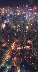  Aerial view of city celebrating New Year's Eve with fireworks and "Happy Year" illuminated.