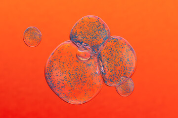 Bubbles filled with particles against a vibrant orange background