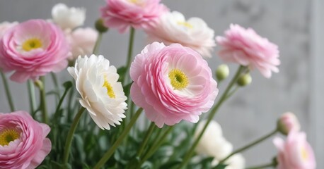 Obraz premium Close-up of pink and white ranunculus flowers against blurred background, delicate, vibrant, garden
