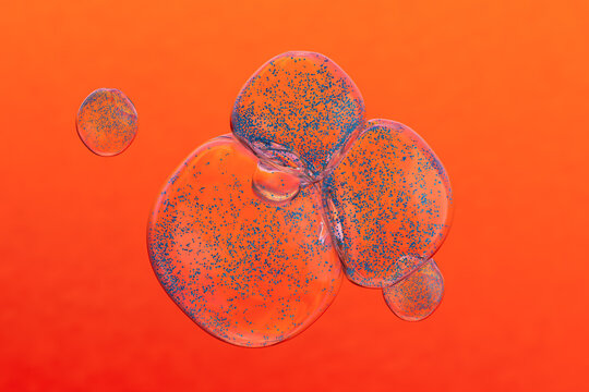 Bubbles filled with particles against a vibrant orange background