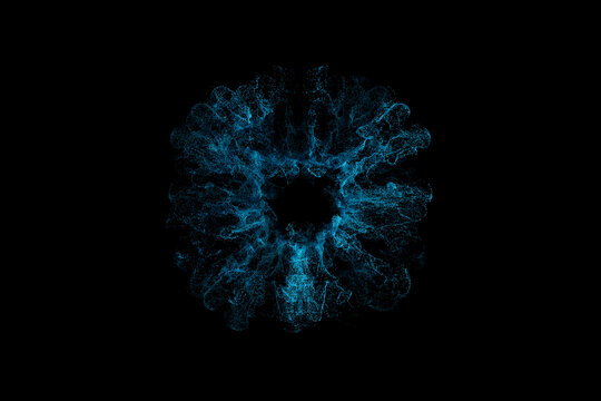 An abstract visual displays geometric shapes forming a fluid structure