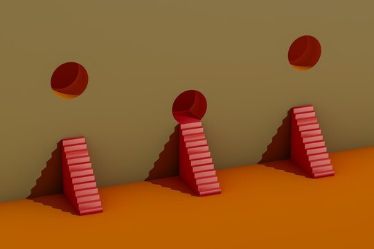 Minimalist 3D staircase design leading into circular holes