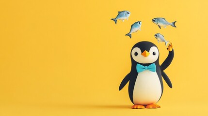 Obraz premium Cartoon penguin in a bow tie catching fish on a yellow background.