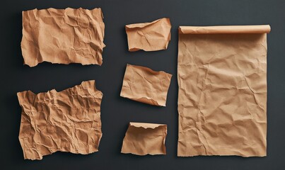 Bruised brown craft paper with wrinkles. Crumpled vintage paper for creating collages.