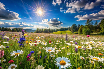 Vibrant wildflowers bloom in a sun-drenched meadow, under a bright blue sky with fluffy clouds.