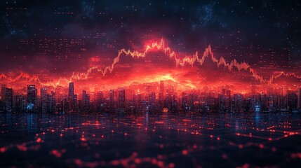 Obraz premium Red Cityscape Illuminated by a Dramatic Stock Market Graph
