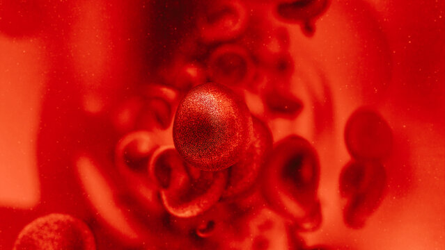 Macro photograph of red blood cells flowing through an arterial vein