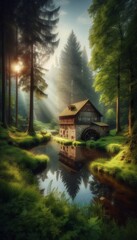 Fototapeta premium Romantische Mühle am Teich inmitten des Waldes
