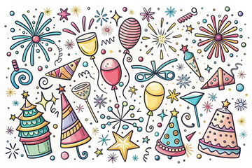 Colorful doodle illustration of various party elements including fireworks, balloons, party hats, and confetti.