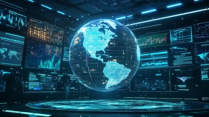 In a high-tech studio, a globe spins amid vibrant graphics and anchors discuss urgent global news.