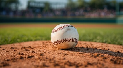 A white baseball on the mound amid lush grass evokes nostalgia for America's pastime.