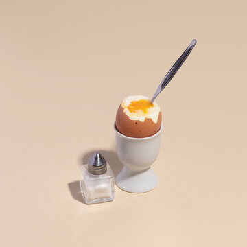 Soft-Boiled Egg with Spoon and Salt Shaker