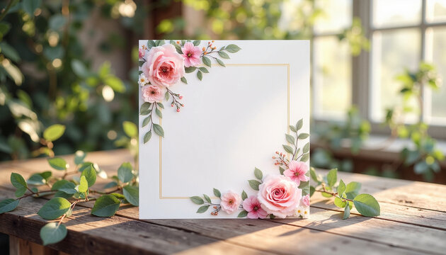 Floral invitation mockup on rustic wooden table