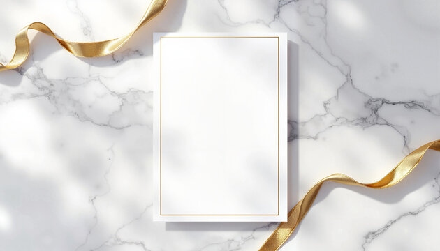 Golden ribbon on marble background with frame mockup