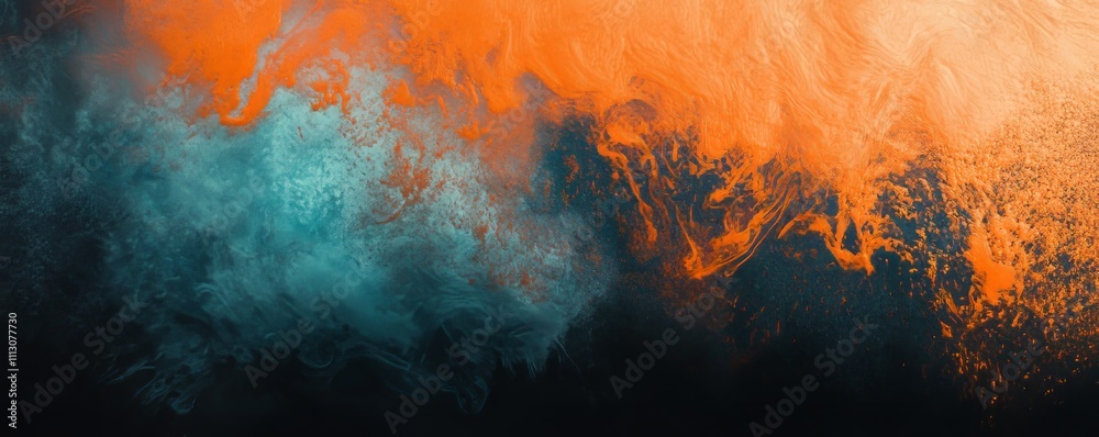 Wall mural Dark grainy banner background orange white teal black color gradient abstract poster header cover backdrop design, glowing noise texture effect