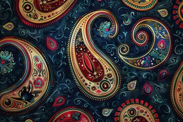Vibrant paisley pattern with floral elements on a dark background.
