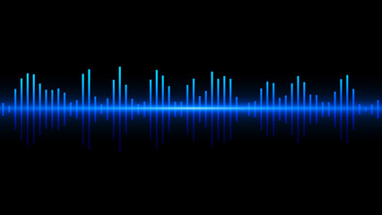 Blue neon glowing sound wave and audio waveform. Abstract soundtrack and music background. Equalizer, speech and voice recording visualization, sound line graph. Audio waves frequency and spectrum.