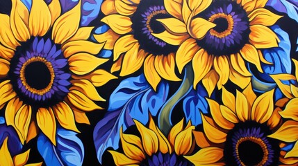 A vibrant display of sunflowers with bold colors and intricate details against a dark background.