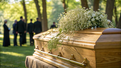 cemetery family meeting A reverent funeral scene, the coffin is decorated with flowers. Symbolic farewell among church services and cemetery funerals.
