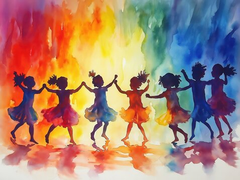 Children dance in circle holding hands. Silhouette figures joyful, expressive. Colorful watercolor background. Celebration of joy, childhood. Imaginative, vibrant art style. Perfect for posters,