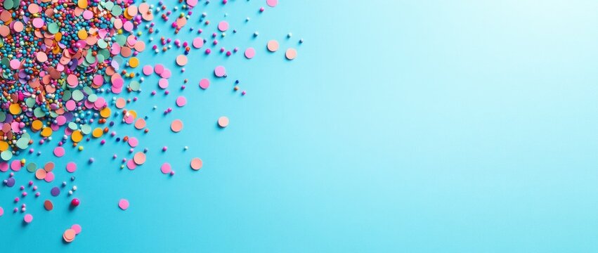 Colorful confetti scattered on a blue background, ideal for celebrations or events.