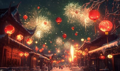 Obraz premium Night scene of a village with fireworks and firecrackers, bright explosions lighting up winter streets, red lanterns hanging from rooftops, festive atmosphere, traditional Chinese New Year.