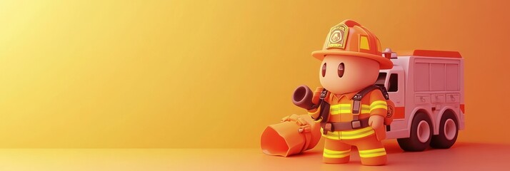 A cartoon firefighter character stands beside a fire truck against a gradient background.