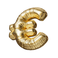 EUR. Euro icon. European currency sign in the shape of a balloon, isolated on a transparent background. An inflatable balloon of gold color with a glossy texture.