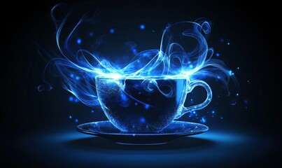 Elegant coffee cup adorned with blue light waves in an abstract design