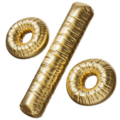 Percent sign. 3d symbol in the shape of a balloon, isolated on a transparent background. An inflatable balloon of gold color with a glossy texture.