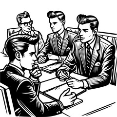 Three businessmen discussing work at a desk in black-and-white style, generative ai.