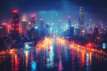 Obraz premium Bangkok skyline illuminated in vibrant colors during New Year celebration with reflections on Chao Phraya River