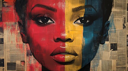 A vibrant mural showcasing a woman's face, split with bold colors and newspaper background.
