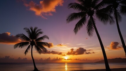 Obraz premium Silhouettes of palm trees on a tropical beach at sunset. Beautiful vibrant colors of a tropical sunset over the ocean.