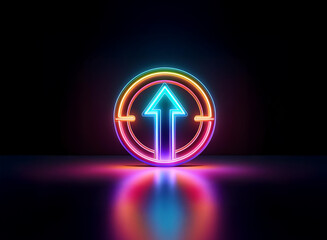 Vibrant rainbow neon arrow pointing upwards, encircled within a glowing ring, reflects on a dark surface.  The symbol suggests progress and ascension.