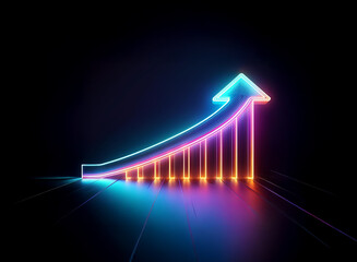 A vibrant neon arrow ascends, forming a growth chart against a dark background.  The glowing lines depict upward trajectory and positive progress.