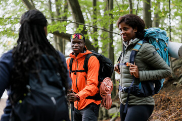 Group of hikers walking through forest on hiking trail