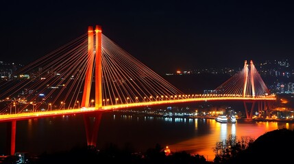 Obraz premium Illuminated cable-stayed bridge spanning a harbor at night.