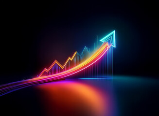 Vibrant neon arrow soaring upward, symbolizing growth and progress against a dark background.  The arrow is composed of multiple colors, showing a dynamic upward trend.