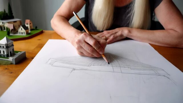A White woman is focused on sketching detailed architectural plans while surrounded by miniature structures on a table
