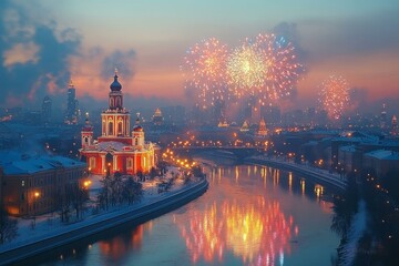 Obraz premium New Year fireworks over Minsk skyline with illuminated cathedral and river reflections